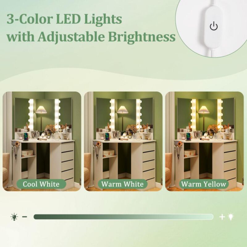 Hivvago Corner Vanity Desk with 3-Color LED Lighted Mirror and Power Outlet