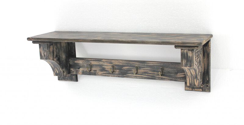 Vintage Wall Shelf with Wooden Design and Four Metal Hooks