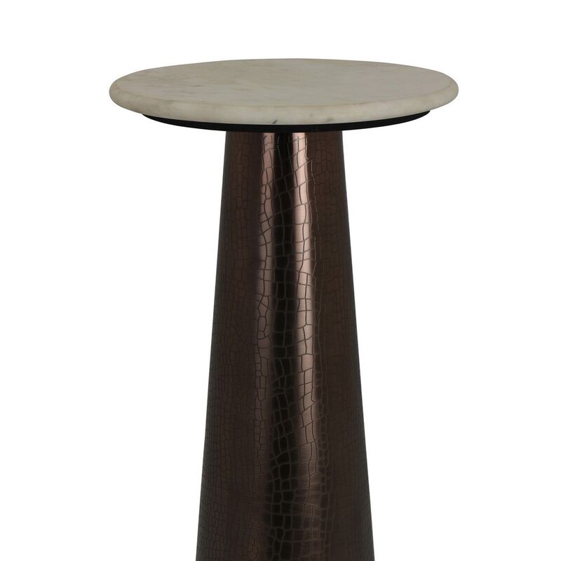 Plant Stand Accent Table, Bronze Metal, Round Gray Marble Top, 26 Inch - Benzara