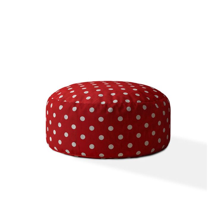 Homezia 24" Red And White Cotton Round Polka Dots Pouf Ottoman