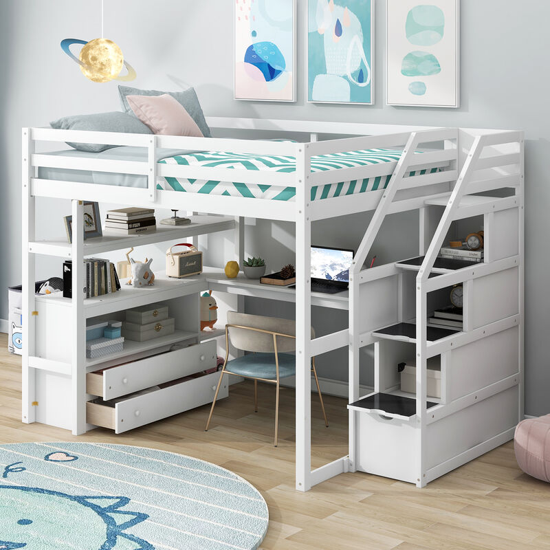 Merax  Loft Bed with Desk and Shelves, Two Built-in Drawers
