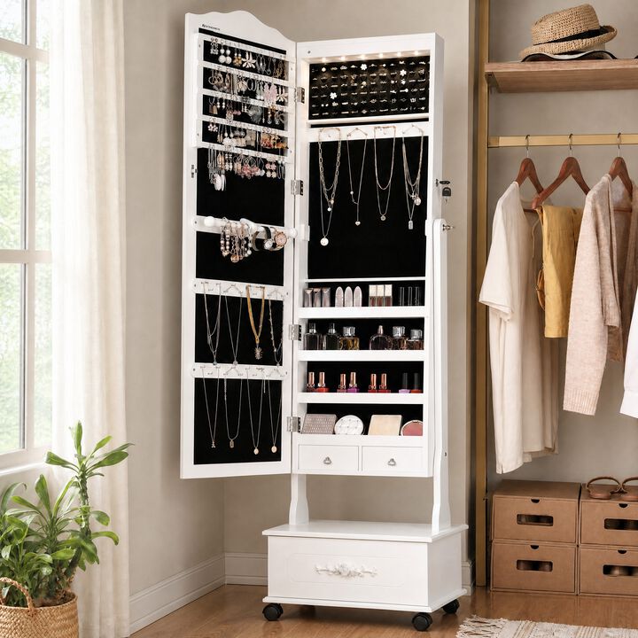 Rolling Lockable Jewelry Cabinet with Full-Length Mirror, LED Lights, Adjustable Angle and Bottom Drawer