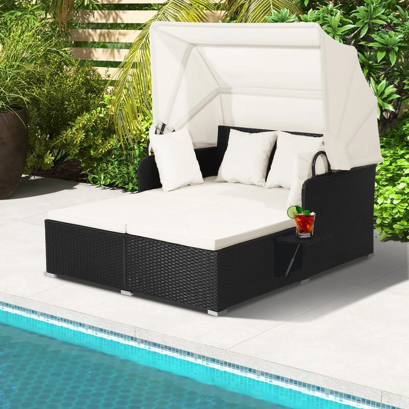 Mondawe Patio Rattan Daybed with Retractable Canopy and Side Tables