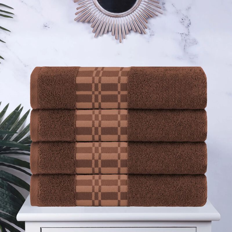 4-Piece Cotton Bath Towel Set with Geometric Border Design image number 1