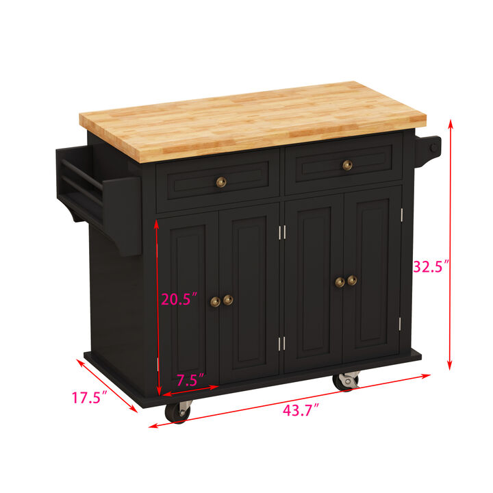 Kitchen Island Cart with Two Storage Cabinets and Two Locking Wheels, 43.31 Inch Width, 4 Door Cabinet and Two Drawers, Spice Rack, Towel Rack (Black)