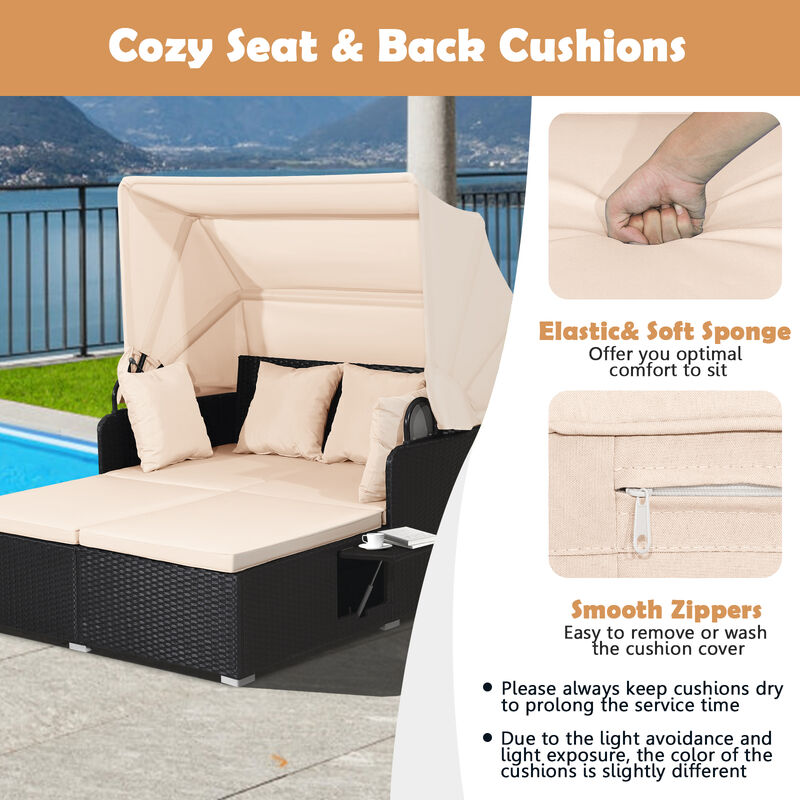 Patio Rattan Daybed with Retractable Canopy and Side Tables