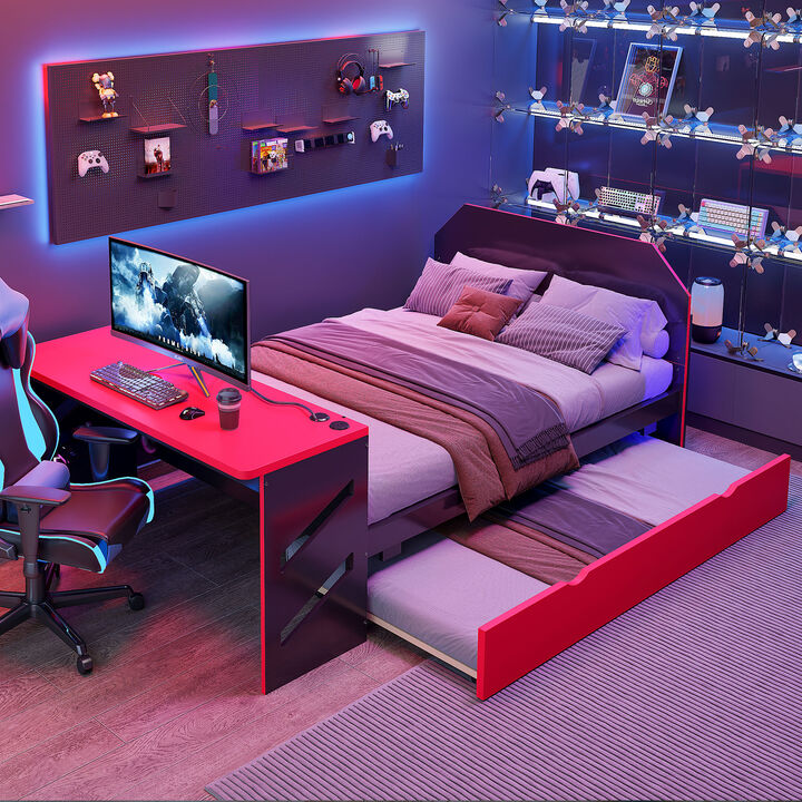 Merax Full Size Gaming Daybed with Twin Trundle, Work Desk, USB Port & Cable Hole