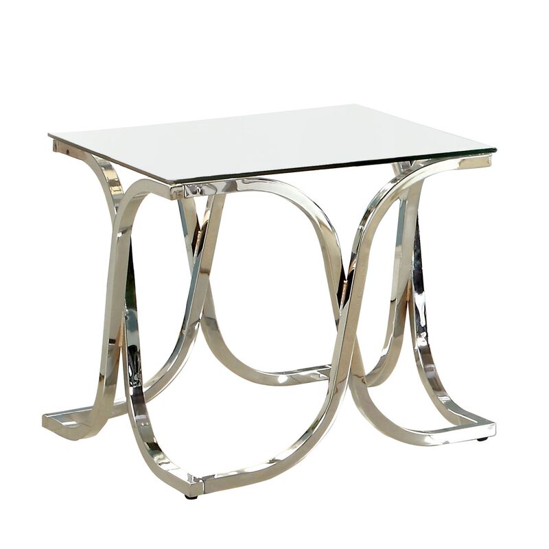 Modern End Table with Glass Top and Curved Chrome Legs, Silver and Clear-Benzara image number 1