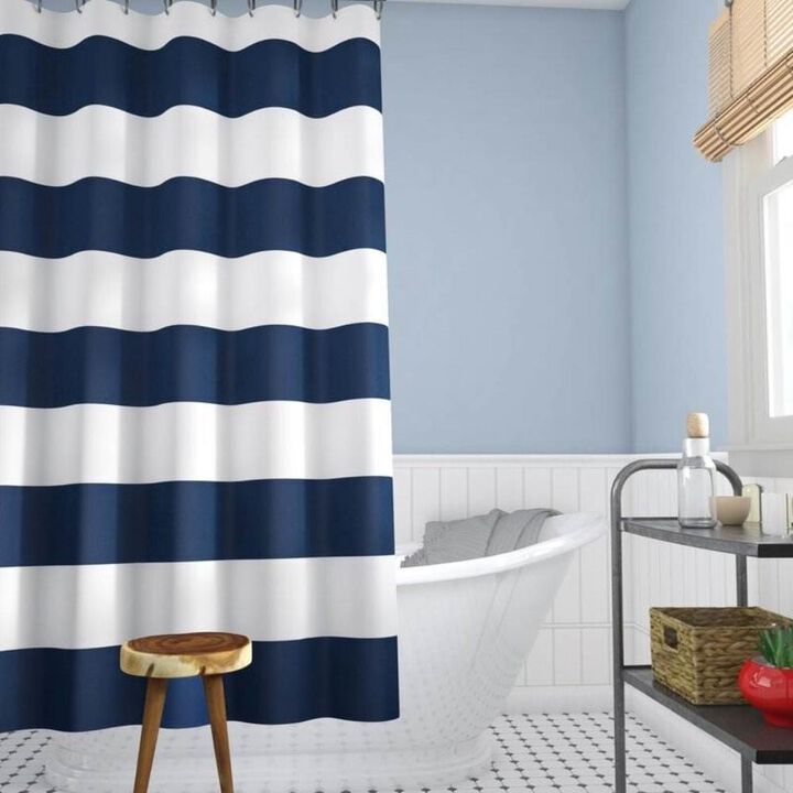 Hivvago 72 x 70 inch Polyester Navy Blue White Nautical Ocean Striped Shower Curtain