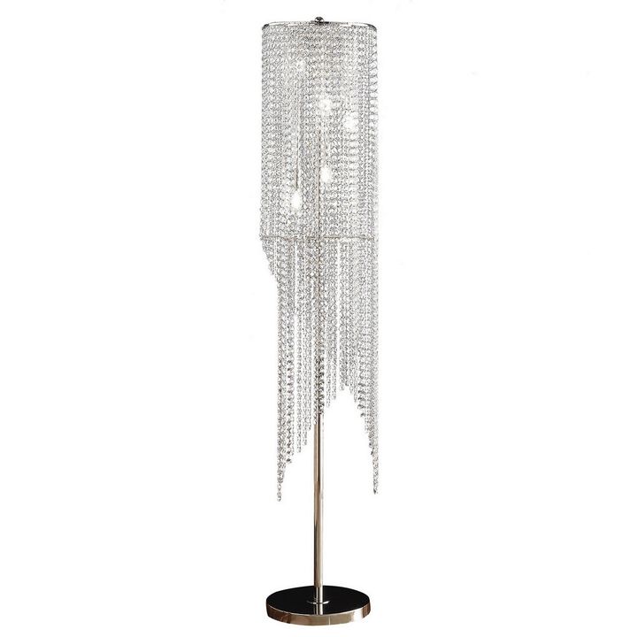 Mindy 62 Inch Floor Lamp, Crystal Raindrops Design, Metal, Clear Finish-Benzara