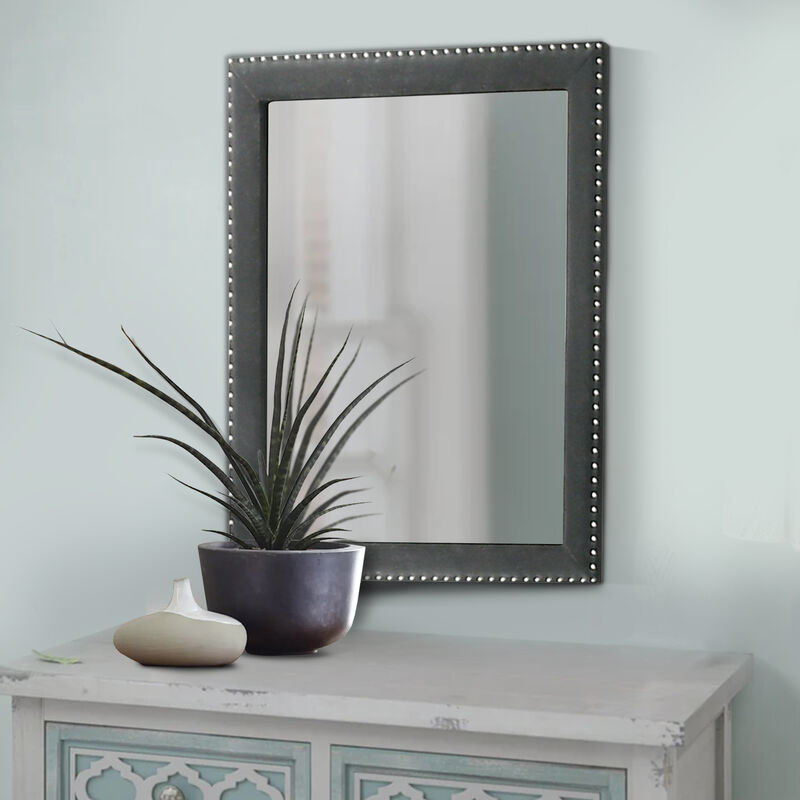 Cale 40 Inch Modern Portrait Mirror, Velvet Upholstery, Nailhead Trim, Gray-Benzara