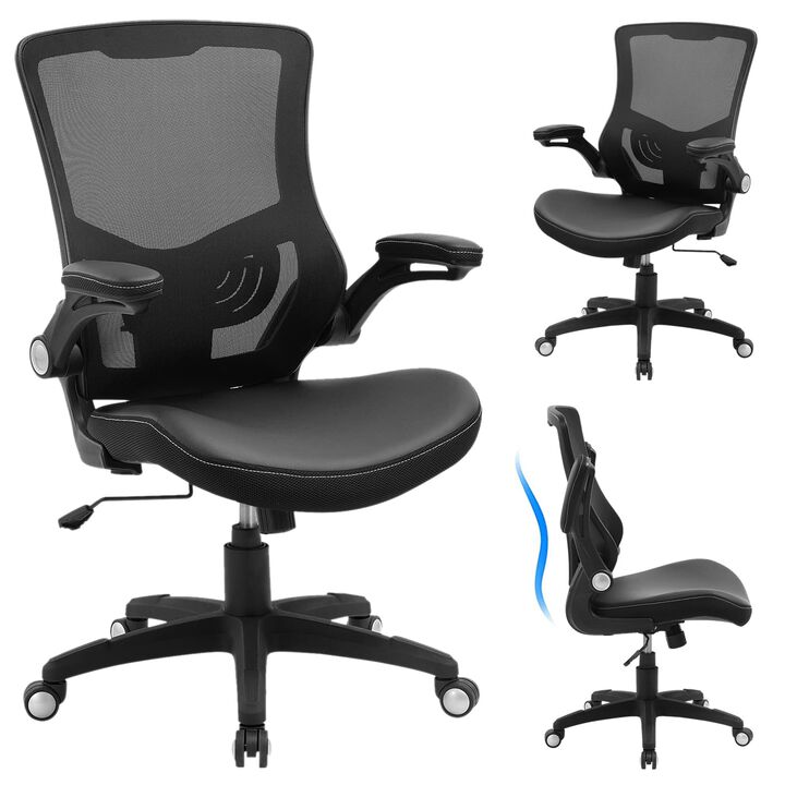 Office Chair Ergonomic Desk Chair, Computer PU Leather Home Office Desk Chair, Mesh Adjustable Lumbar Support Flip-up Armrests E