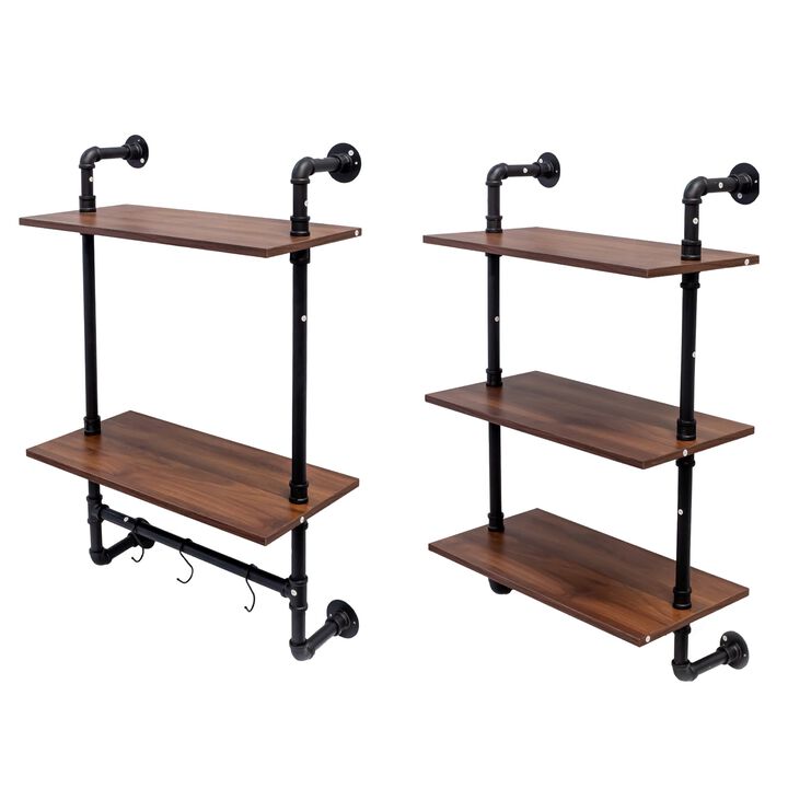 Clihome Industrial Pipe 36in Shelf, 3 Tier and 2 Tier Wood Wall Mounted Display Shelves