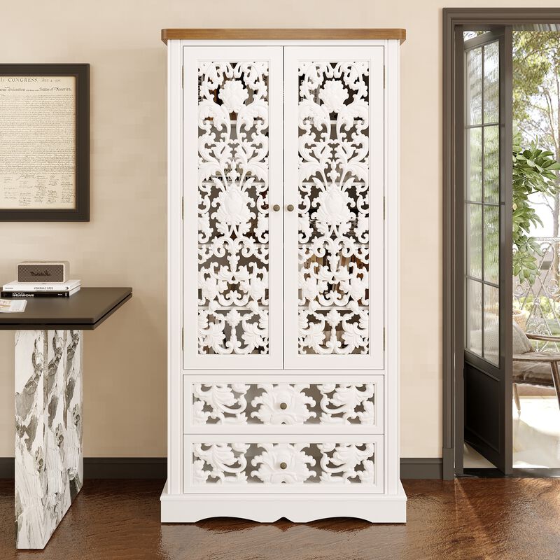 FUFU&GAGA Carved White Wardrobe with 2 Doors & 2 Drawers, Antique Metal Pulls, Wood Grain Top (33.1 in. W x 15.7 in. D x 66.1 in. H)