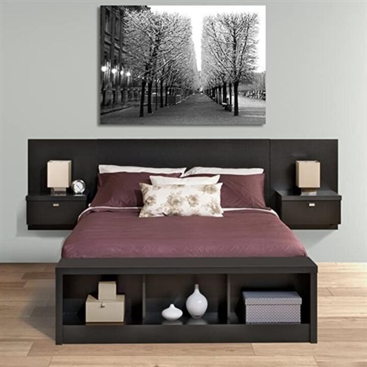 Hivvago Queen size Modern Wall Mounted Floating Headboard with Nightstands in Black