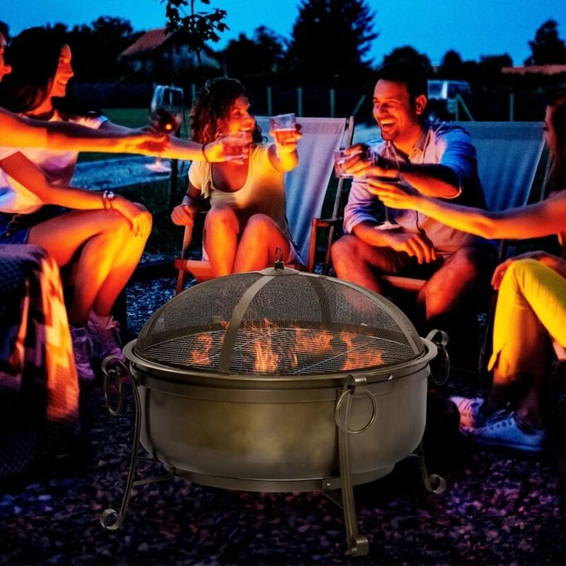 QuikFurn Large Wood Burning Fire Pit Cauldron Style Steel Bowl w/ BBQ Grill, Log Poker, and Mesh Screen Lid