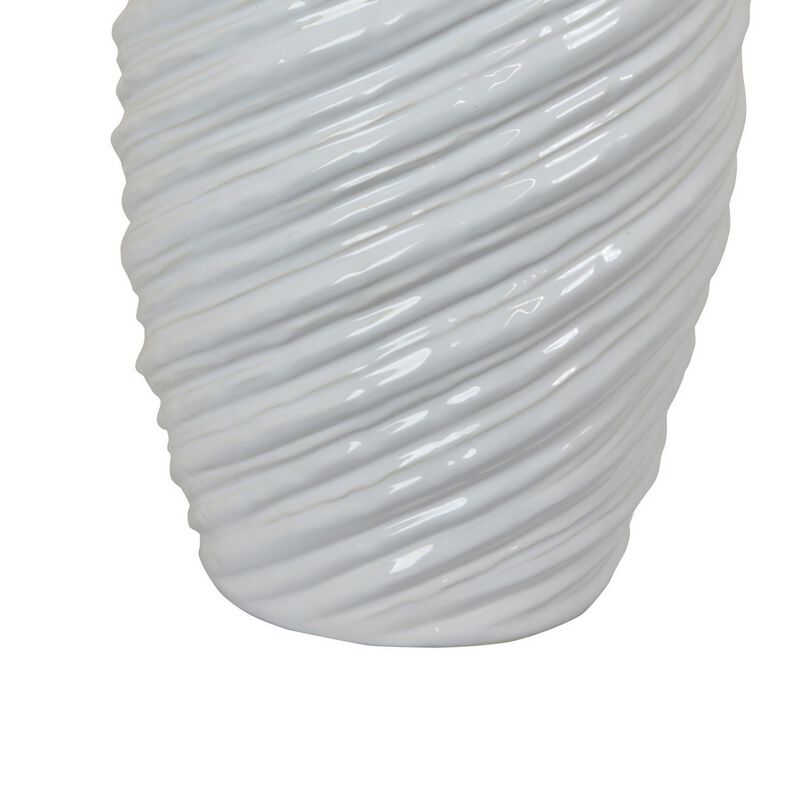 Avery Tall Modern Vase, Angled Spiral Design, White Ceramic 17 Inch - Benzara
