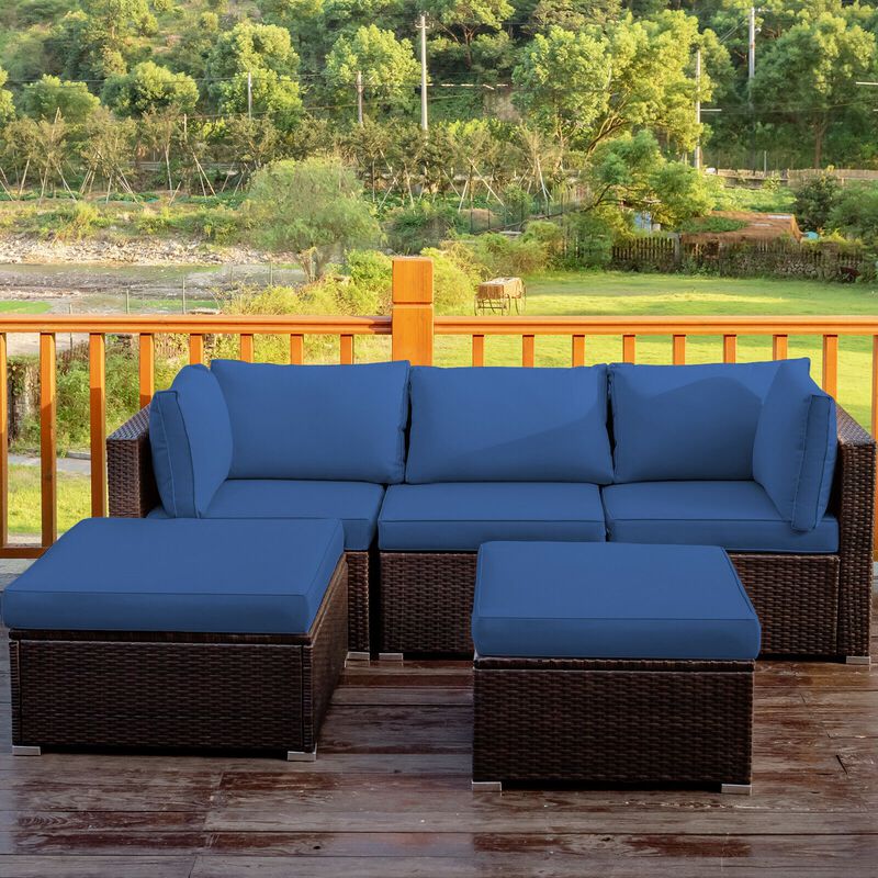 5 Pieces Patio Rattan Sofa Set with Cushion and Ottoman