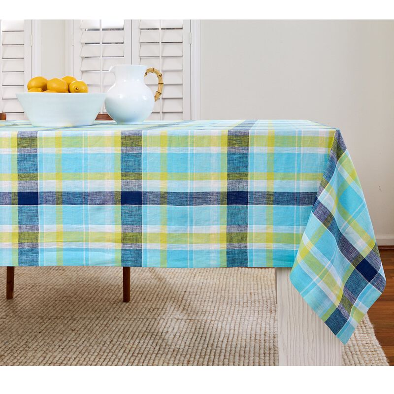 Solino Home Summer Madras Plaid 100% Linen Tablecloth &ndash; Handcrafted, Machine Washable, Perfect for Holiday and Everyday Dining