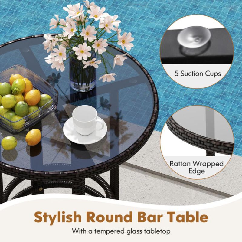 Hivvago 3-Piece Patio Rattan Bar Set with Tempered Glass Top for Backyard Poolside