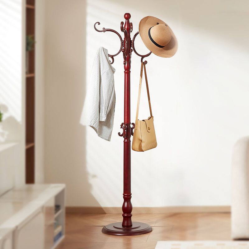 Entryway Wooden Coat Tree Rack with 11 Hooks for Coats Hats Bags image number 1