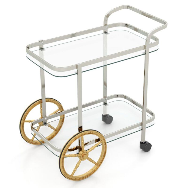 Hivvago 2-Tier Tempered Glass Bar Cart with 2 Large Aluminum Wheels and 2 Rolling Casters