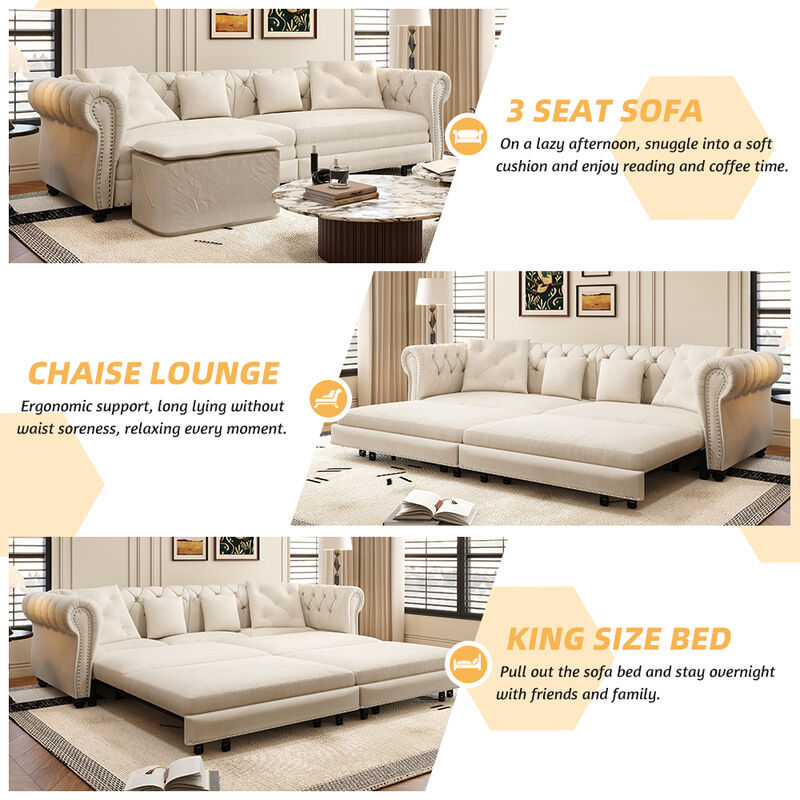Whisen 3-in-1 Pull-Out Sofa Bed, 3-Seater Sofa, Convertible Sleeper Sofa Bed with Movable Ottoman