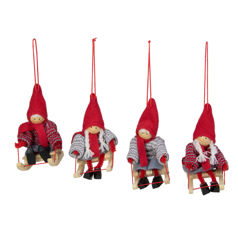 Set of 4 Holiday Kids on Sleds Christmas Ornaments 4" image number 0