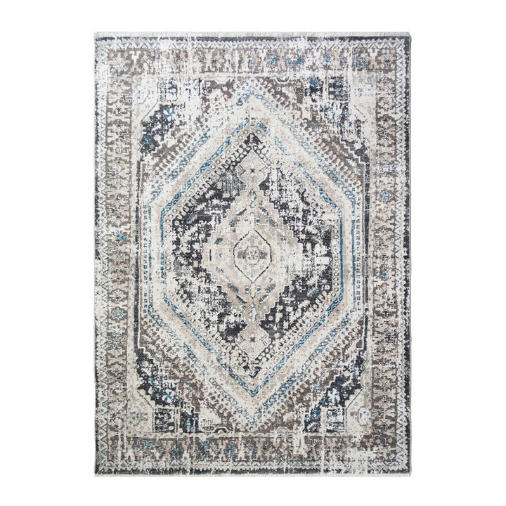 HomeRoots Geometric Distressed Area Rug With Fringe