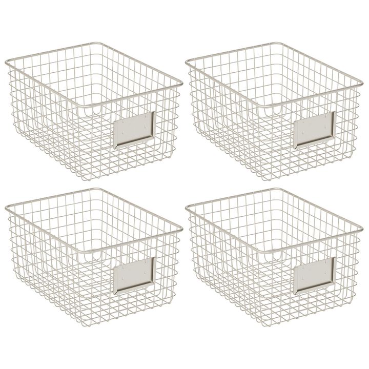 mDesign Large Steel Kitchen Organizer Basket with Label Slot, 4 Pack - Satin