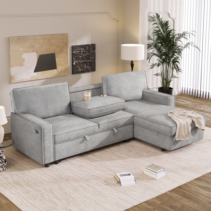 Upholstery Sleeper Sectional Sofa with Storage Space, USB port, 2 cup holders on Back Cushions
