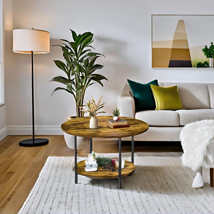 FAMIDGE Round Coffee Table, 27.5"" Small Coffee Tables, 2-Tier Circle Coffee Table with Storage Shelf, Wood Coffee Table Circula