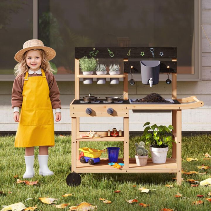 Hivvago Outdoor Fir Wood Play Kitchen with Blackboard and Planting Pots