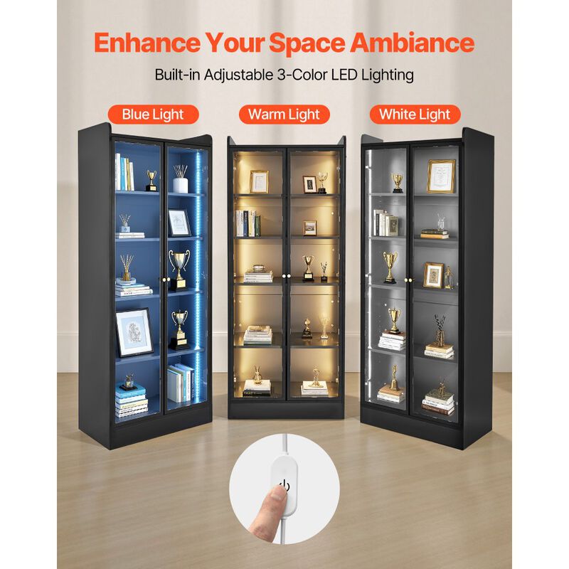 Lighted Display Cabinet with Glass Doors, 5-Tier Curio Bookcase with 2 Adjustable Shelves-Black image number 7