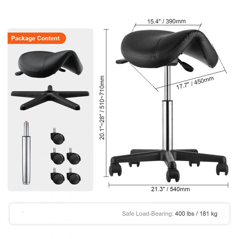 Ergonomic Saddle Stool with Wheels, Swivel PU Leather Seat for Spa, Clinic & Tattoo Studio-Black image number 2