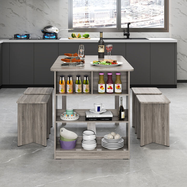 Dining Table Set for 4 with Storage Shelf and Stools – 5 Pieces