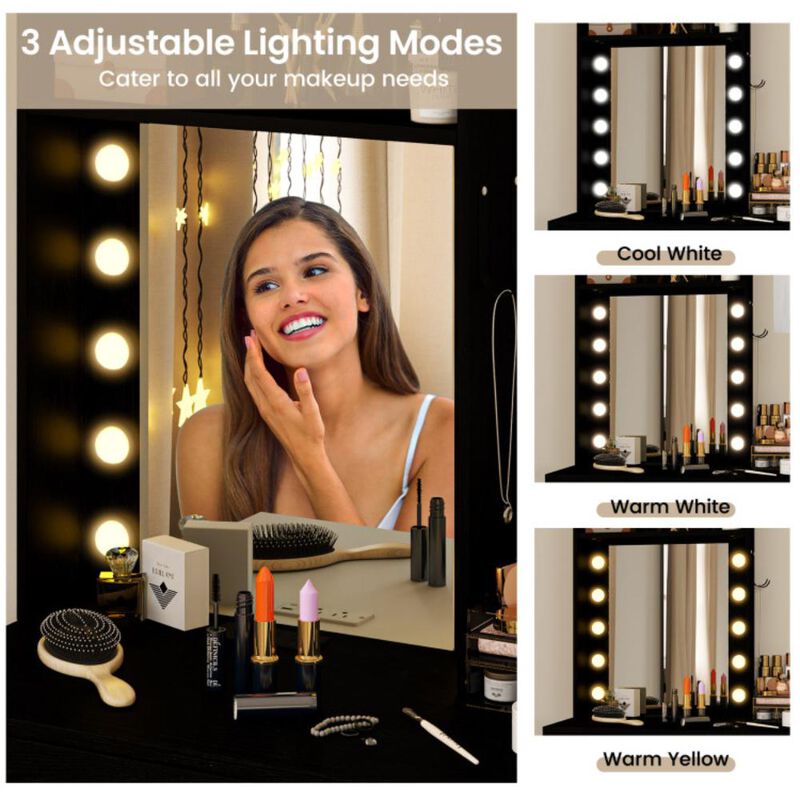 Hivvago Compact Vanity Desk Set with 3-Color Lighted Mirror and Power Outlets