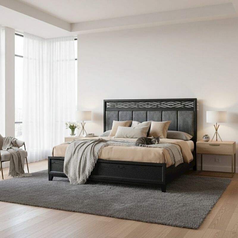 Elegant Black Queen Bed Frame with Headboard &ndash; Solid Rubberwood Design image number 2