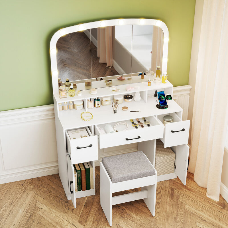 Makeup Vanity Table with Stool 3 Color Lighting and Charging Station image number 7
