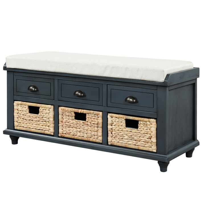 Rustic Storage Bench with 3 Drawers and 3 Rattan Baskets, Shoe Bench for Living Room, Entryway (Antique Navy)