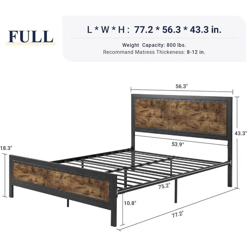 Hivvago Full Industrial Rivet Platform Bed Frame with Headboard in Rustic Wood Finish