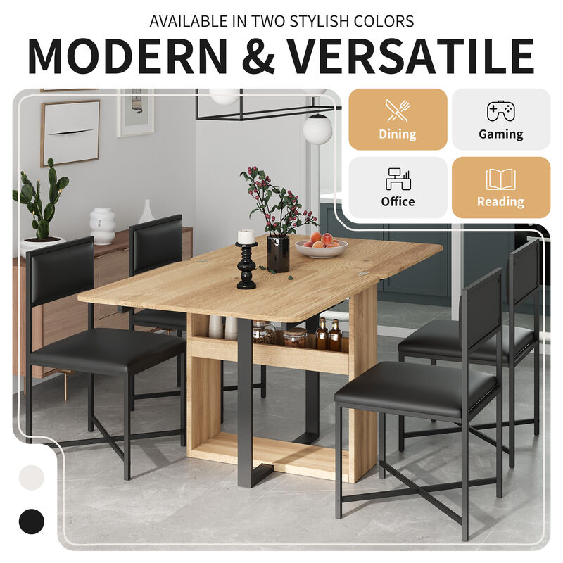 Whisen Modern 5-Piece Extendable Dining Table Set, Foldable Square Table with Leather Upholstered Chairs - Black