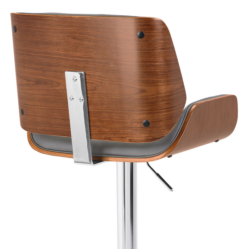 London Grey Faux Leather Adjustable Height Swivel Walnut Wood and Chrome Stool