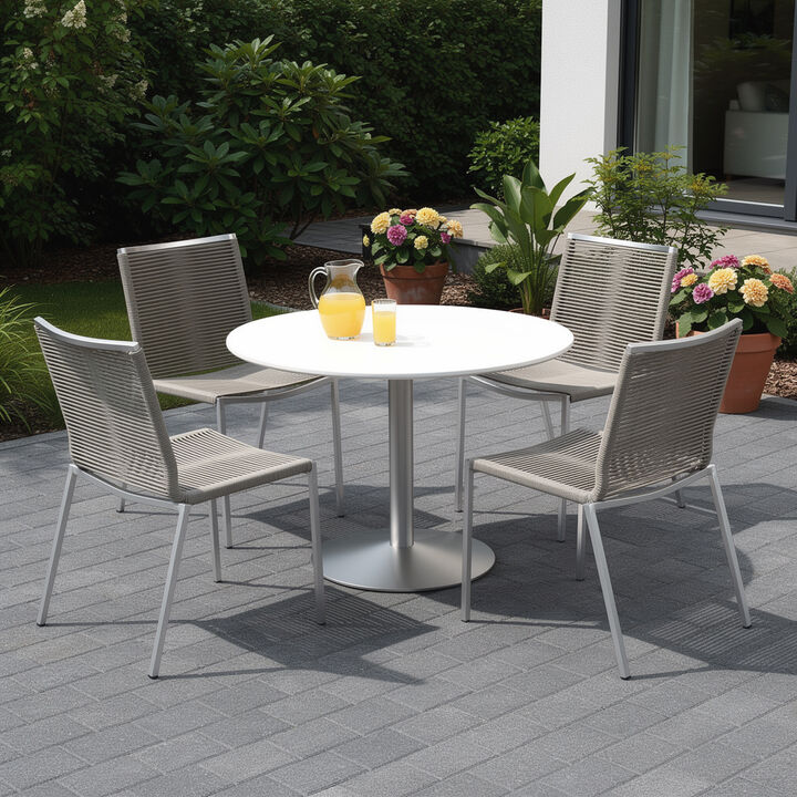 HomeRoots Set of Four Light Brown And Silver Woven Steel Outdoor Dining Chairs