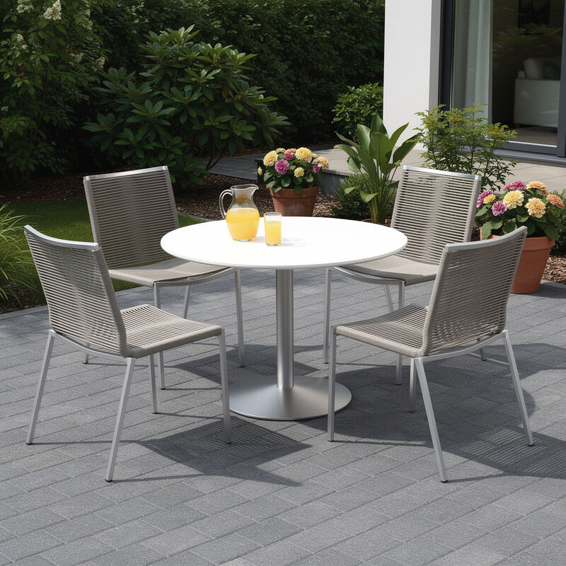 HomeRoots Set of Four Light Brown And Silver Woven Steel Outdoor Dining Chairs image number 1