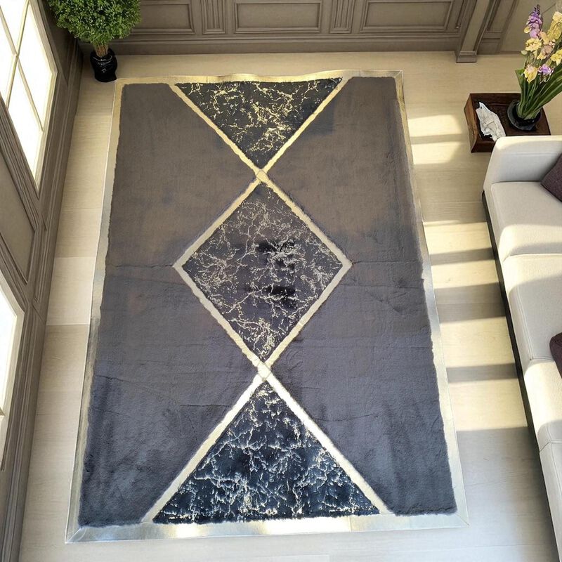 Modern Plush Rug with Black Marble Diamond Center, Custom Size Available image number 3
