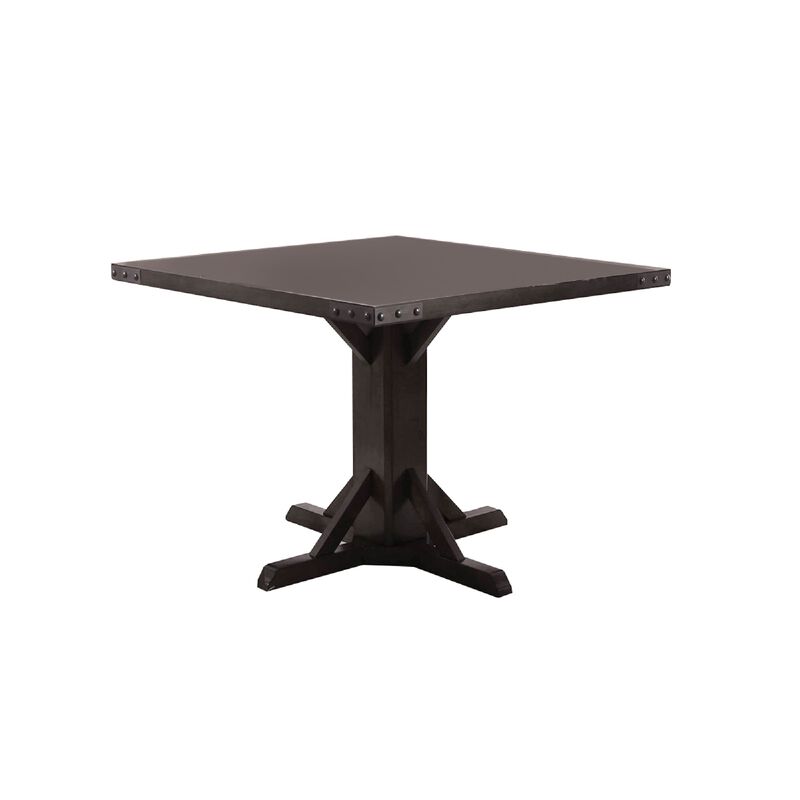 Square Wooden Dining Table with Pedestal Base and Metal Accents, Brown-Benzara image number 0