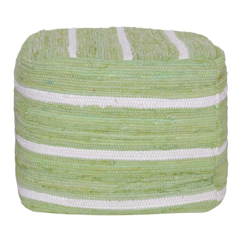 Hivvago 18 Inch Green And White Cotton Cube Striped Pouf Ottoman