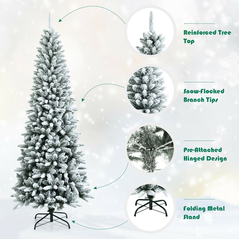 Snow-Flocked Hinged Artificial Christmas Pencil Tree for Festive Holiday D&eacute;cor with Easy Assembly