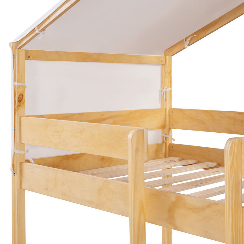 Whisen Twin Over Twin Wood Bunk Bed with Tent, Solid Wood House Design Lounge Bed with Semi-Enclosed Play Space for Kids Bedroom image number 4
